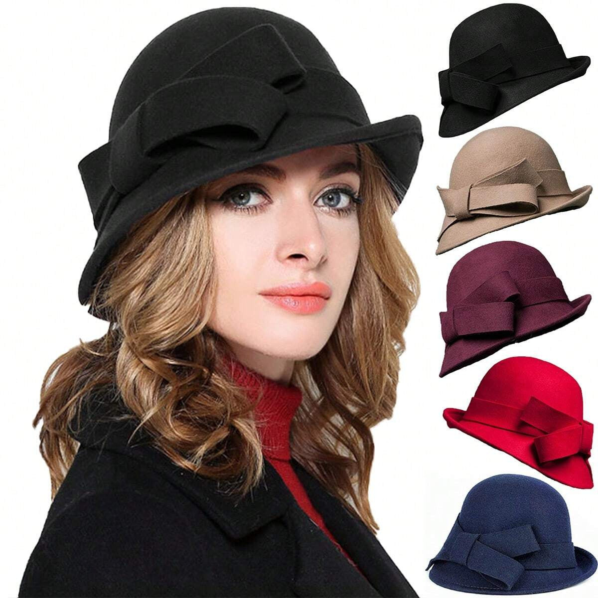 Women's French-style Elegant Retro Woolen Bowler Hat Curling Bow My Store