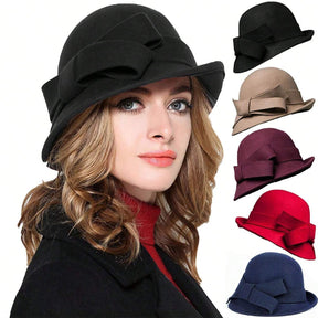 Women's French-style Elegant Retro Woolen Bowler Hat Curling Bow My Store