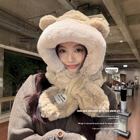 Hat Scarf One Female Student Cute Warm Winter Plush Pullover Ear Protection My Store