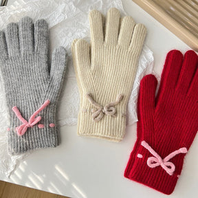 Autumn And Winter New Bow Pure Color Warm Keeping Finger Gloves My Store