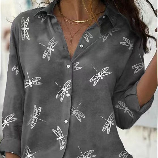 Dragonfly Printed Long Sleeve Lapel Slim Fit My Store