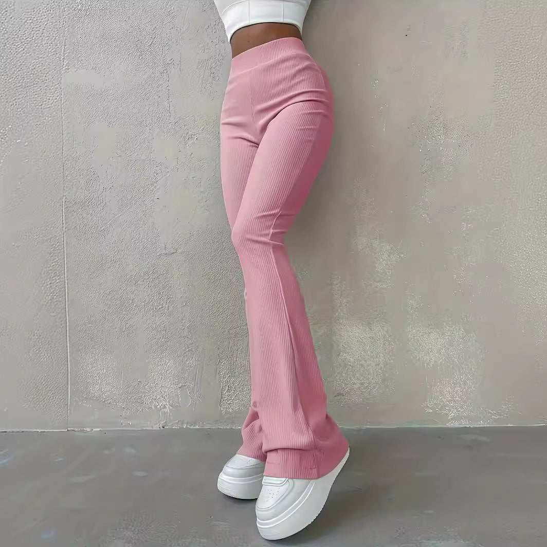 Casual Rib Simple Slim Fit Leggings Solid Color High Waist Fashion Trousers My Store