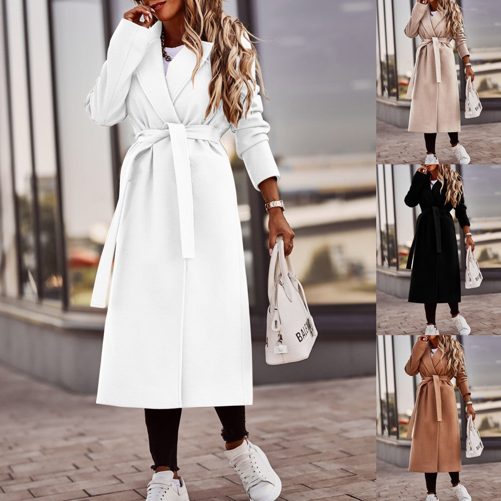 Autumn And Winter Simplicity Long Sleeve V-neck Lace Up Woolen Coat Top Women My Store