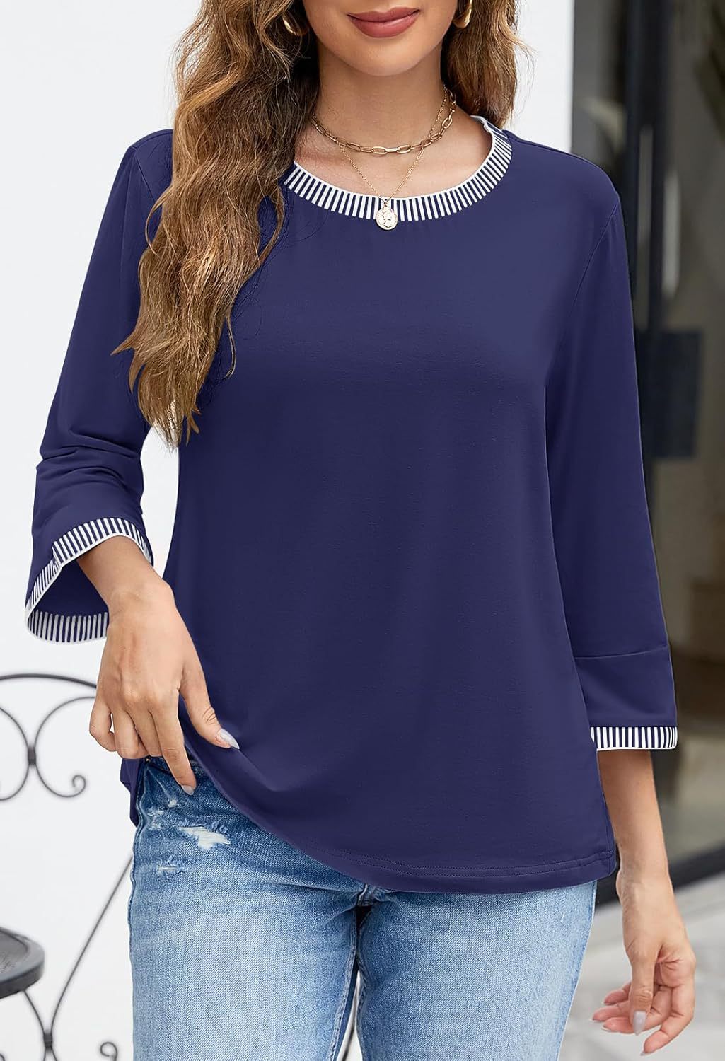 Women's Contrast Color Thread Round Neck Top Solid Color My Store