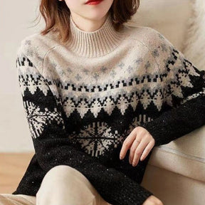 Autumn And Winter Spring New Half Turtleneck Knitted Snowflake Retro Loose Sweater My Store