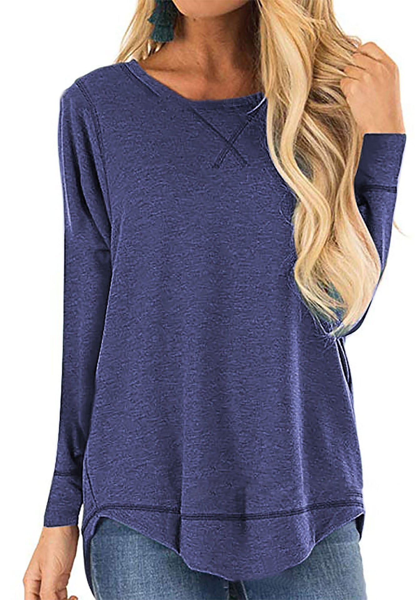 Women's Round Neck Long-sleeve T-shirt Solid Color Loose Top My Store