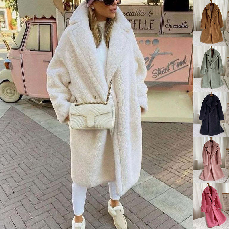 Lapel Lamb Fleece Coat With Pockets Faux Fur Coat Winter Warm Thickening Long Windbreaker Women's Clothing My Store