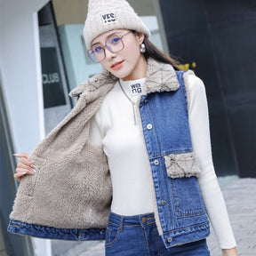 Women's Casual Plaid Plush Denim Cotton Vest My Store