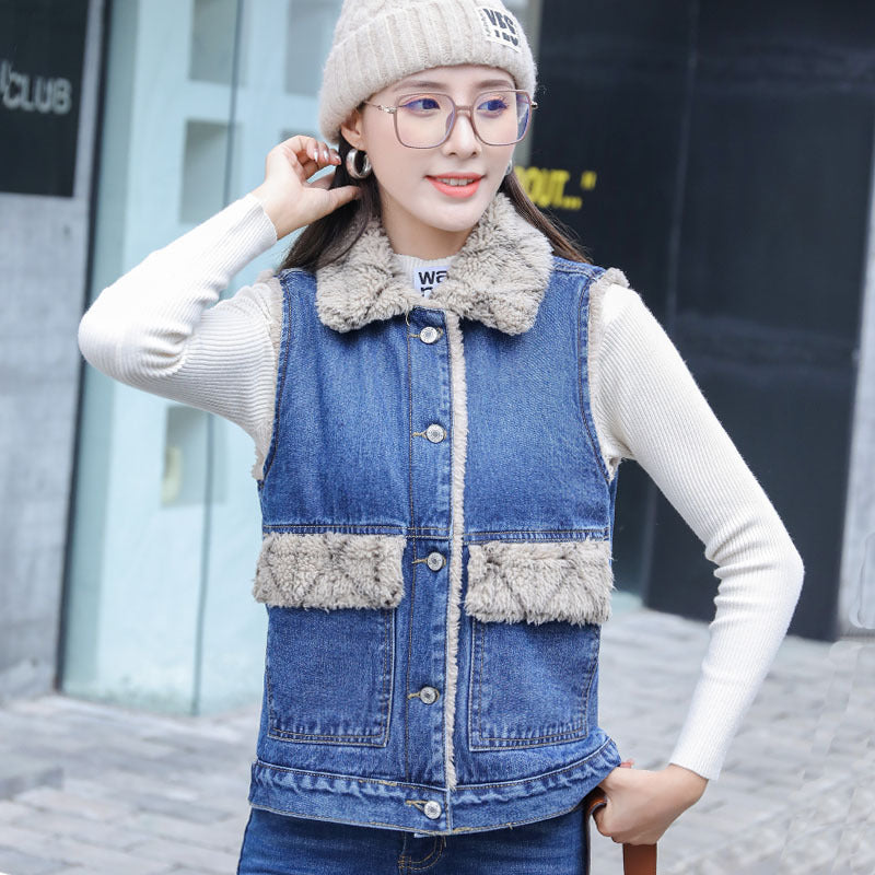 Women's Casual Plaid Plush Denim Cotton Vest My Store