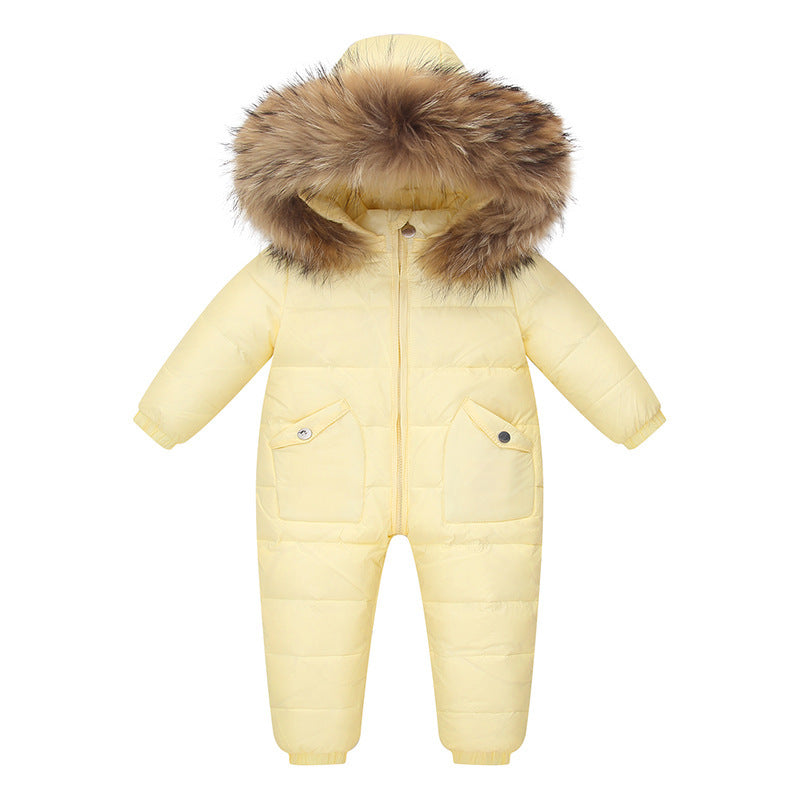 The Baby Wears White Eiderdown Over A Onesie And Down Jacket My Store