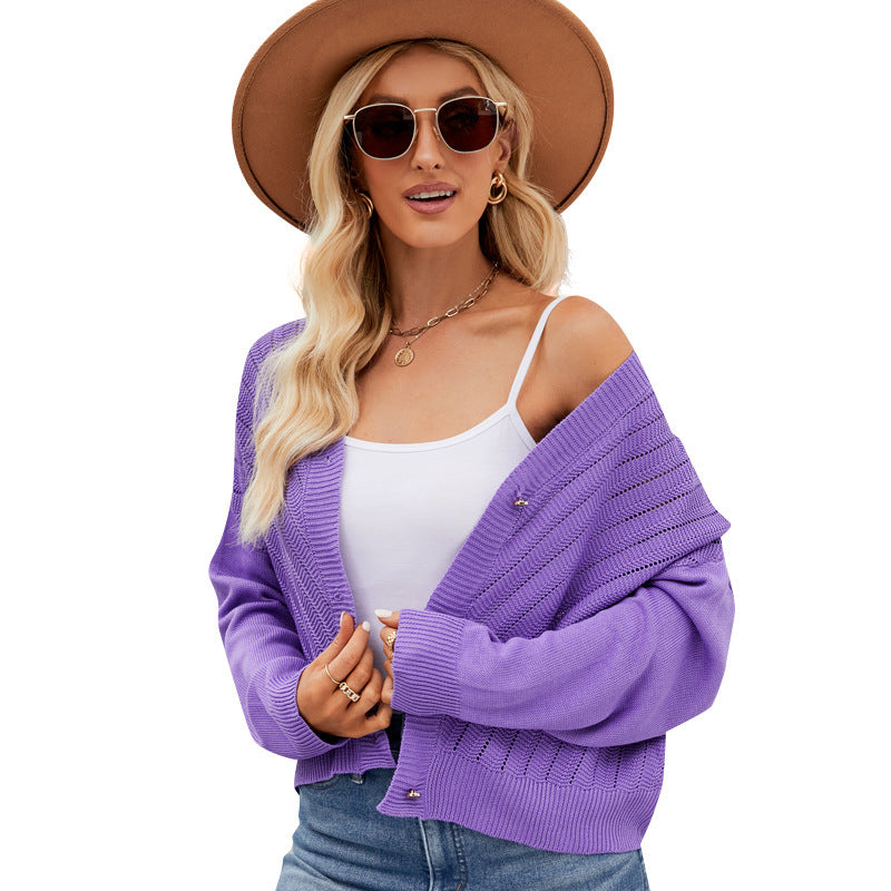 V-neck Hollow Knitted Cardigan Outer Wear Loose Top My Store