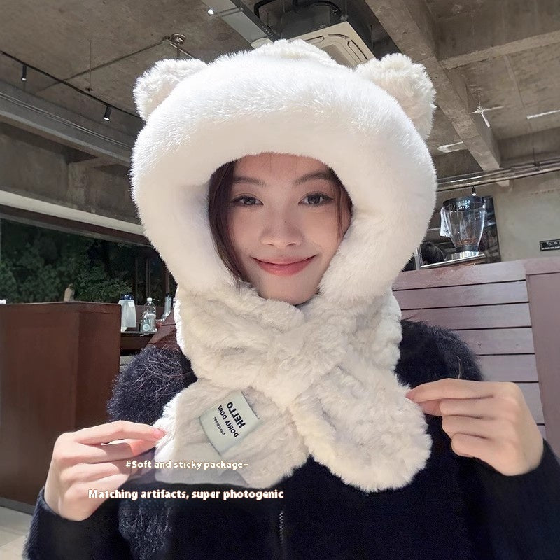 Hat Scarf One Female Student Cute Warm Winter Plush Pullover Ear Protection My Store