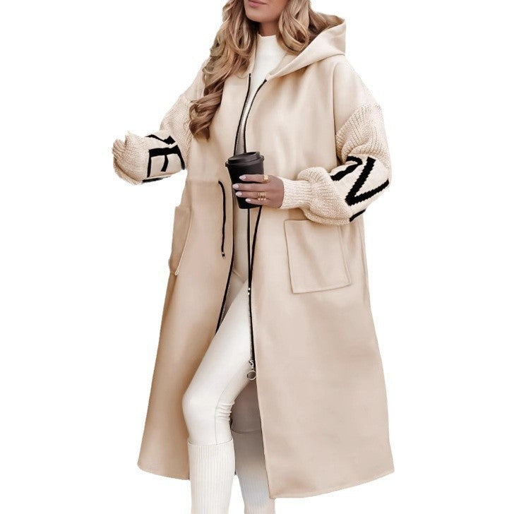 Hooded Windbreaker Long Jacket With Pockets And Drawstring Design Solid Color Knit-Sleeved Trench Coat For Women Clothing Fall Winter My Store