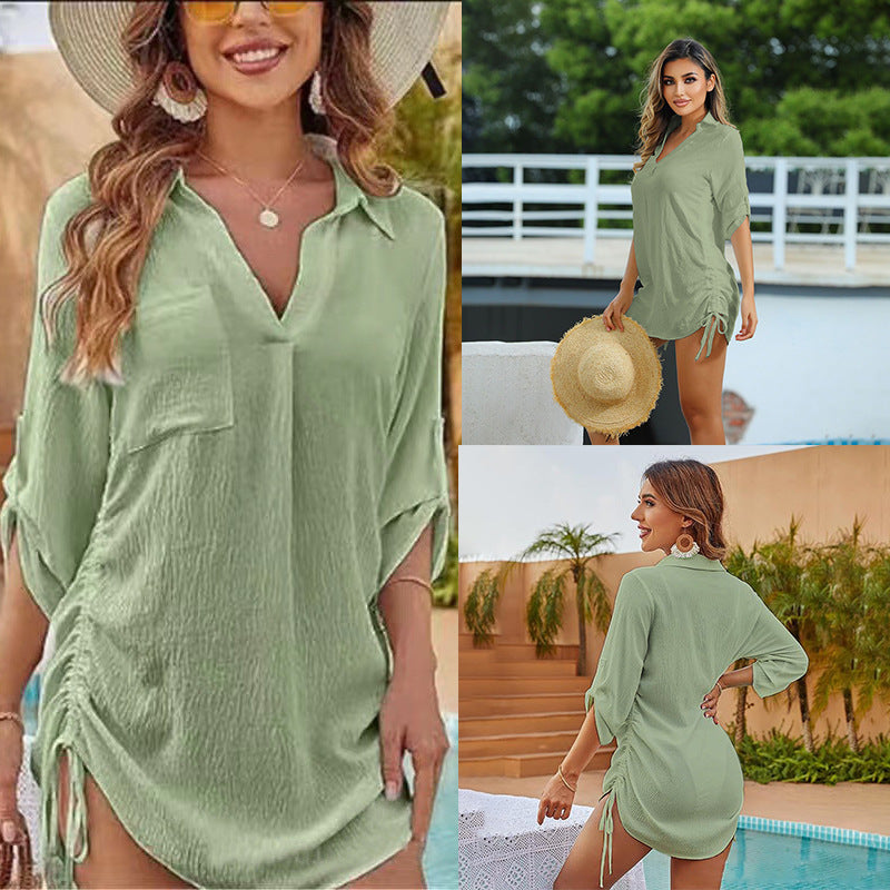 European And American Drawstring Blouse Collar Beach Jacket Head Bikini My Store