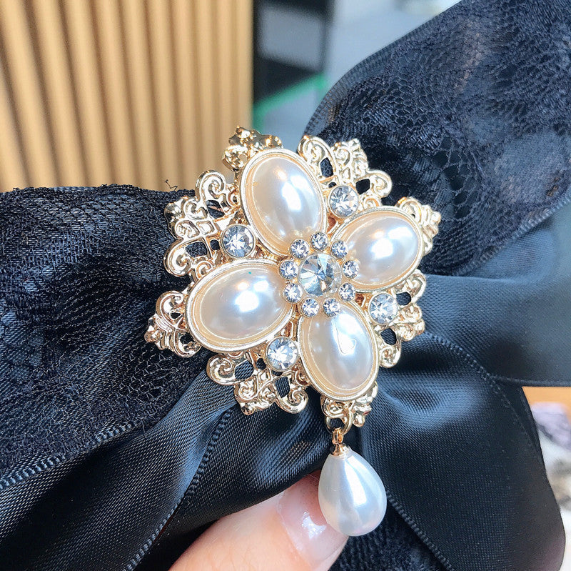 Lace Big Bow Rhinestone Pearl Streamer Brooch My Store