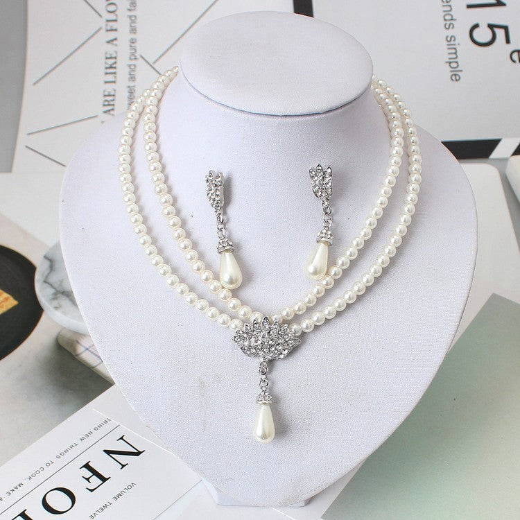 European And American Jewelry Bride Pearl Crystal With Short Collarbone Neck Necklace Set Earrings Korean Version Temperament My Store