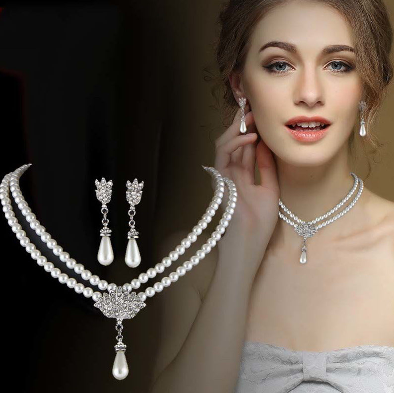 European And American Jewelry Bride Pearl Crystal With Short Collarbone Neck Necklace Set Earrings Korean Version Temperament My Store