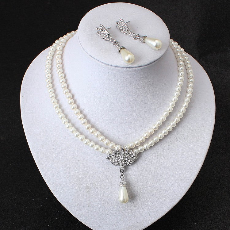 European And American Jewelry Bride Pearl Crystal With Short Collarbone Neck Necklace Set Earrings Korean Version Temperament My Store