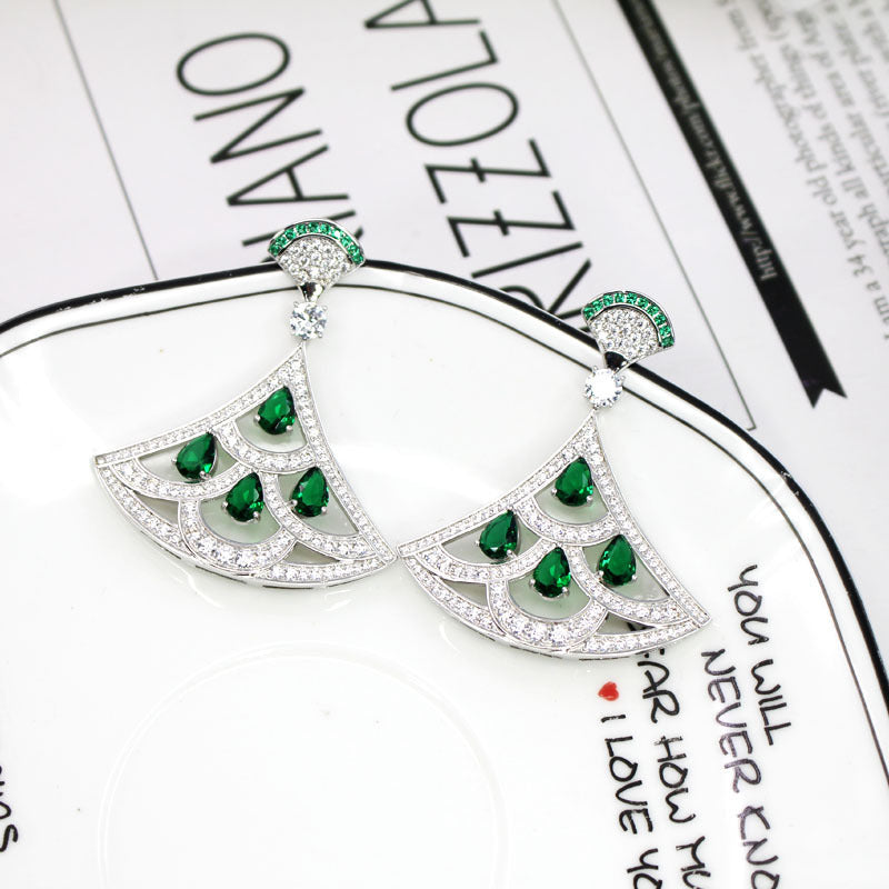 New Product Green Zircon Fan-shaped Earrings With Gold-plated Diamonds My Store