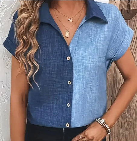 Color Block Button Up Blouse, Elegant Lapel Neck Short Sleeve Blouse For Every Day - Women's Clothing - Stylish & Versatile - Suitable For Casual & Office Wear - Perfect Gift For Women My Store