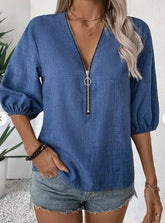 Elegant Deep V-Neck Zip-Up Blouse For Women - Chic Spring Fall Fashion,  Machine Washable, Design, Sleeve My Store