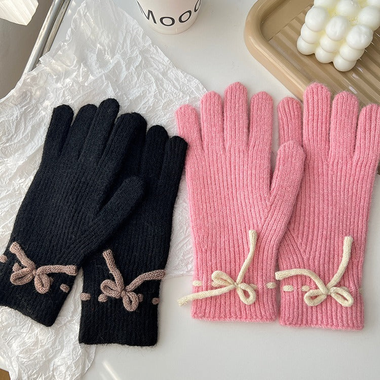 Autumn And Winter New Bow Pure Color Warm Keeping Finger Gloves My Store