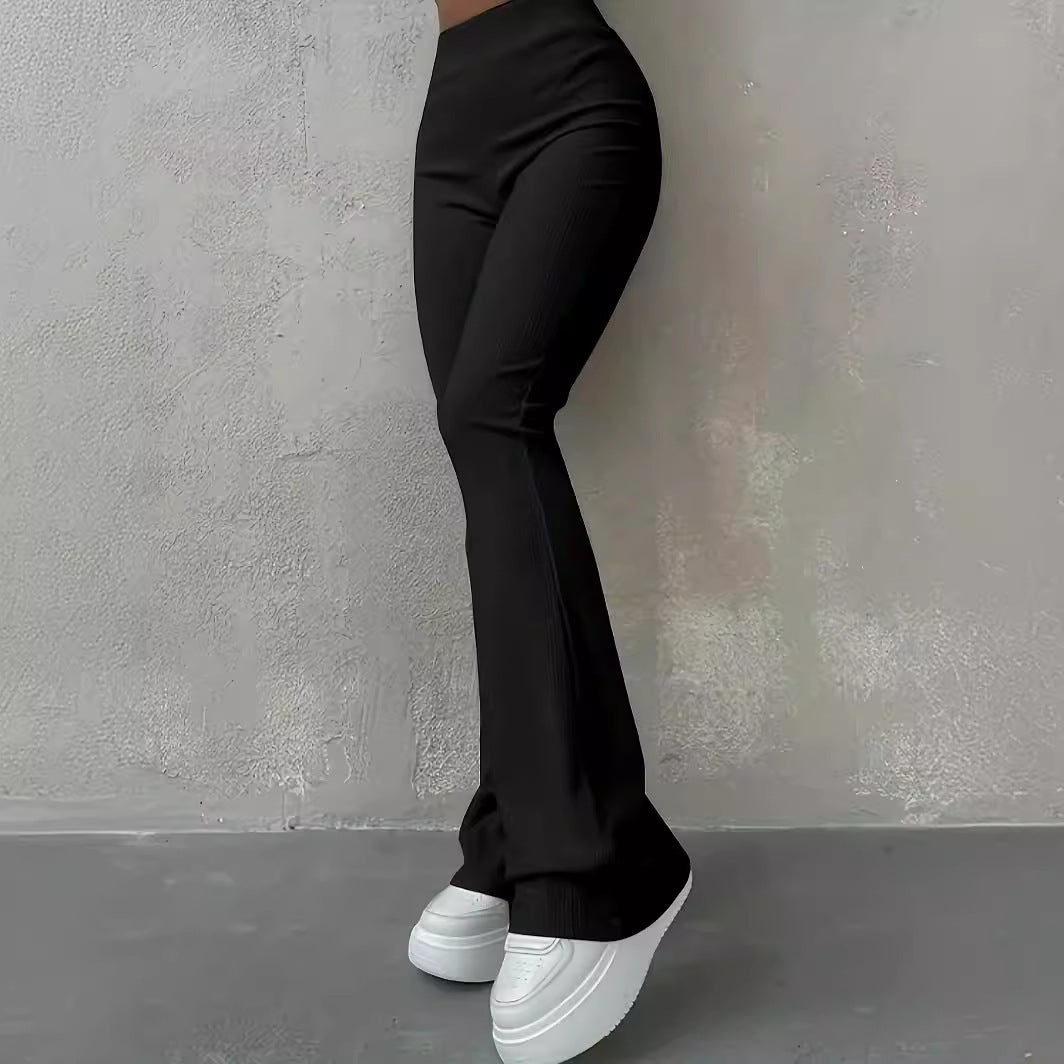 Casual Rib Simple Slim Fit Leggings Solid Color High Waist Fashion Trousers My Store