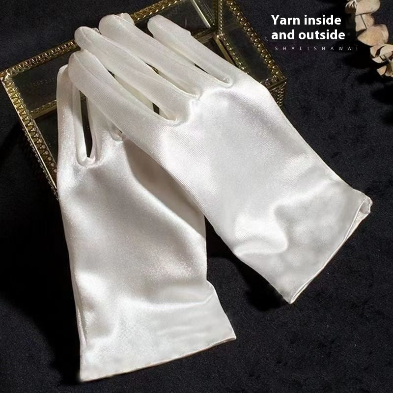 French Hepburn Style Short Pearl Satin Bridal Gloves My Store