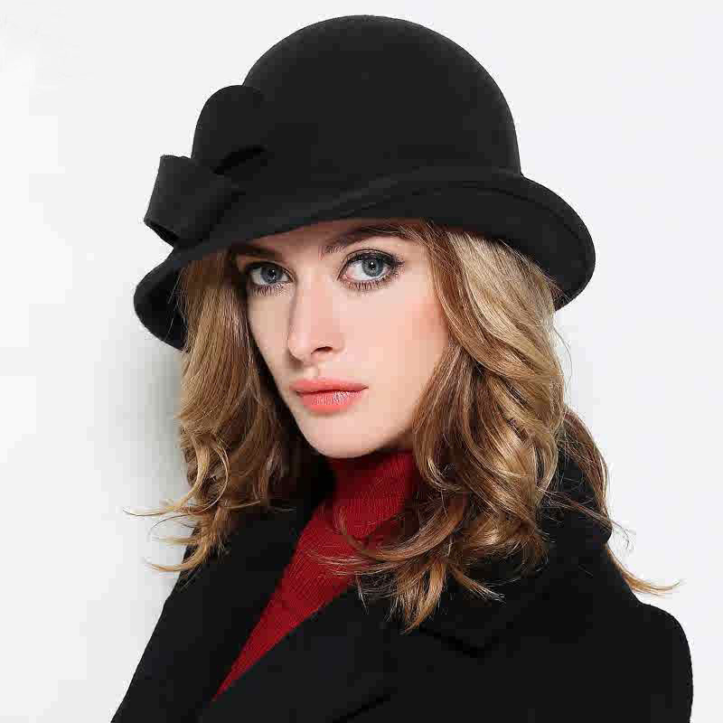 Women's French-style Elegant Retro Woolen Bowler Hat Curling Bow My Store