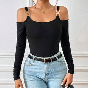 Women's Spring And Summer Fashion Simple Suspender Off-Shoulder Metal Hook Long-Sleeved Sexy Top My Store