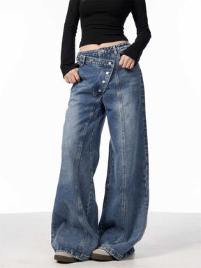 Irregular Breasted Washed Straight Jeans Blue Loose Wide Leg Pants My Store