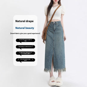 Retro Slit Denim Skirt Women's Tassel Mid-length Hip Skirt My Store