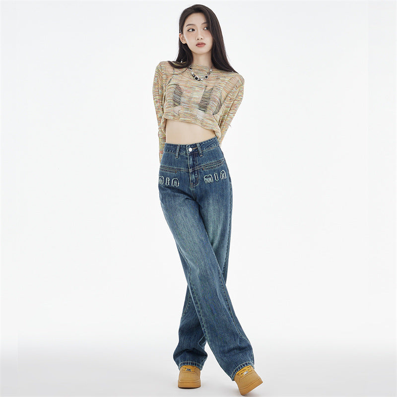 Women's Straight Jeans Dark Blue Embroidered Letters My Store