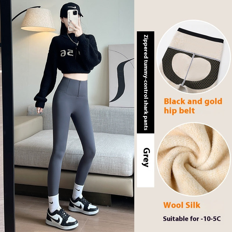 Belly-controlling Butt Lifting Leggings With Three-breasted Design Winter High Waist Slim Zippere Pants Warm Velvet And Thickened Trousers Women Clothing My Store