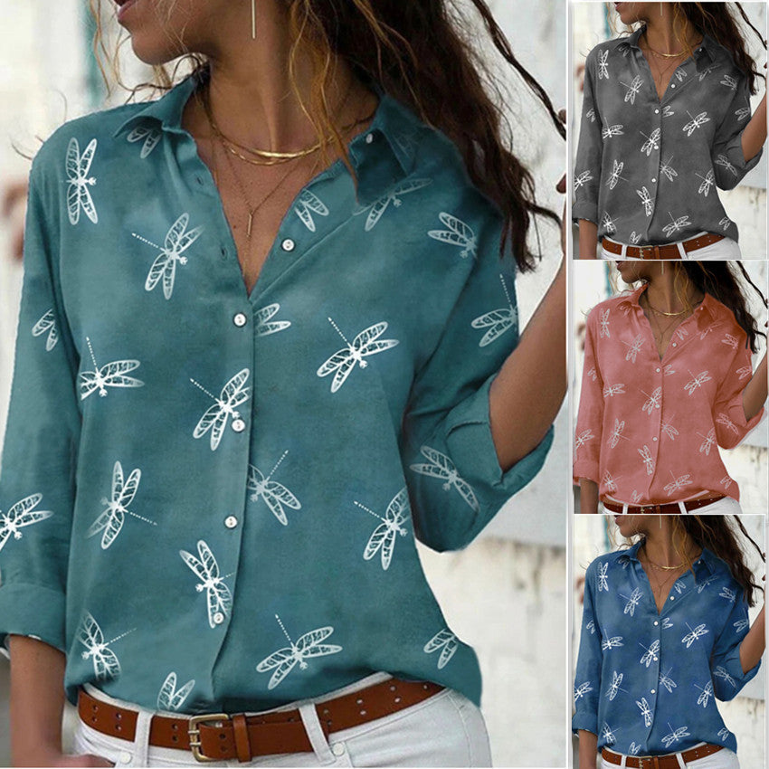 Dragonfly Printed Long Sleeve Lapel Slim Fit My Store