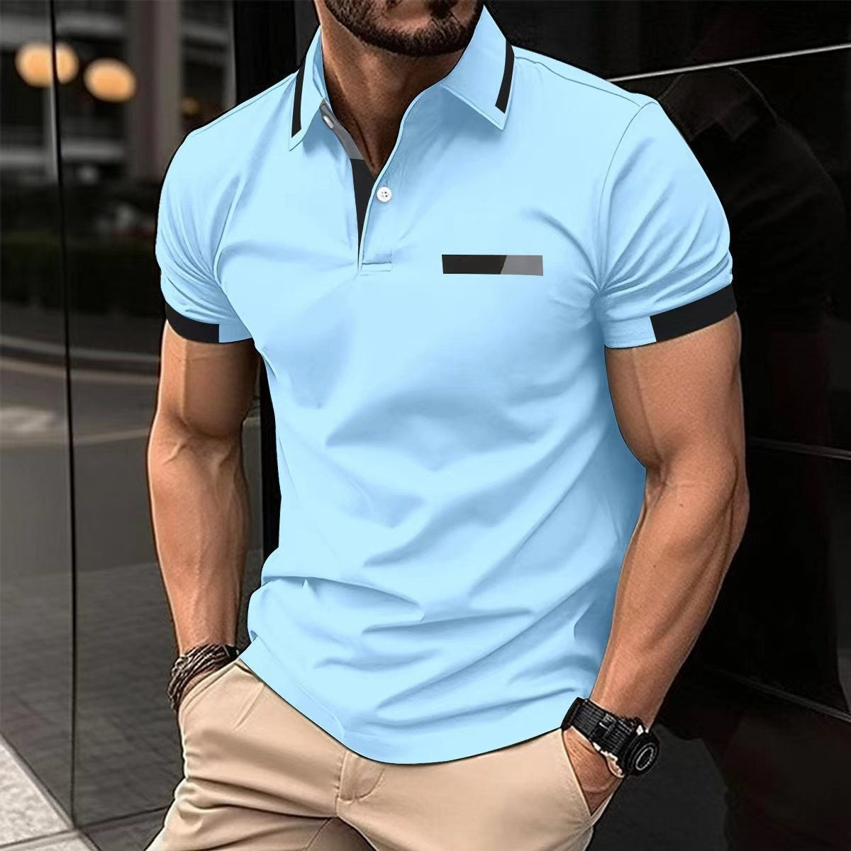 Men's Casual Polo Shirt Chest Faux Pocket Lapel Button Business T-shirt My Store