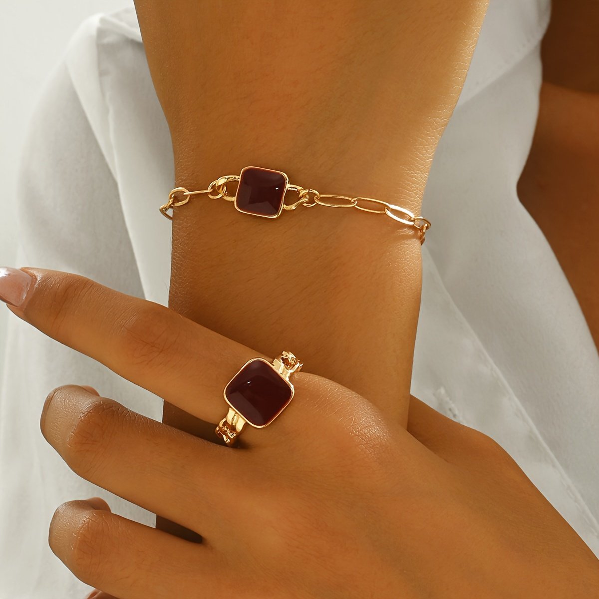 14K Gold Plated Square Agate Bracelet And  Ring Set - Luxe & Timeless Jewelry My Store