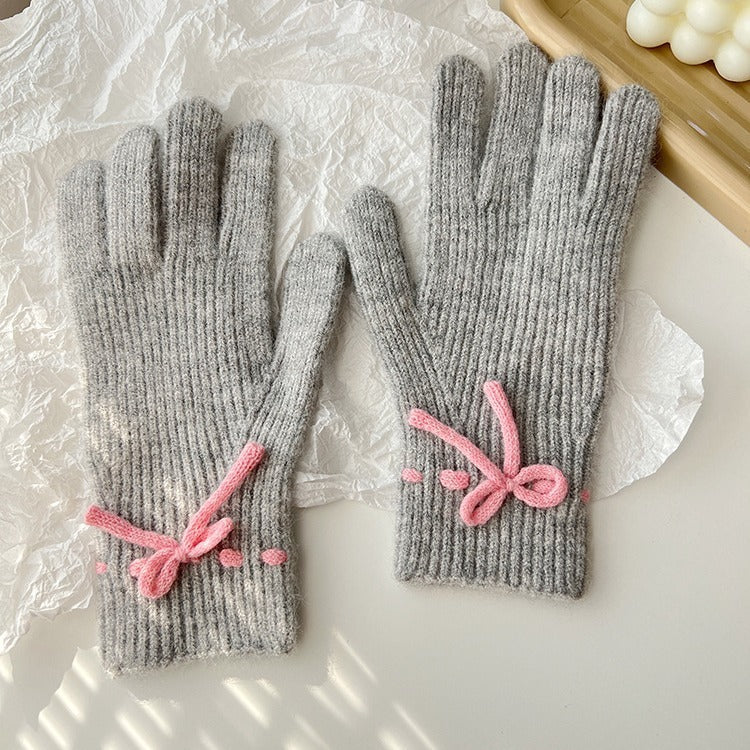 Autumn And Winter New Bow Pure Color Warm Keeping Finger Gloves My Store