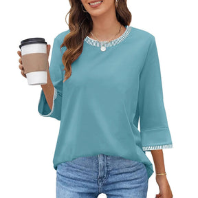 Women's Contrast Color Thread Round Neck Top Solid Color My Store