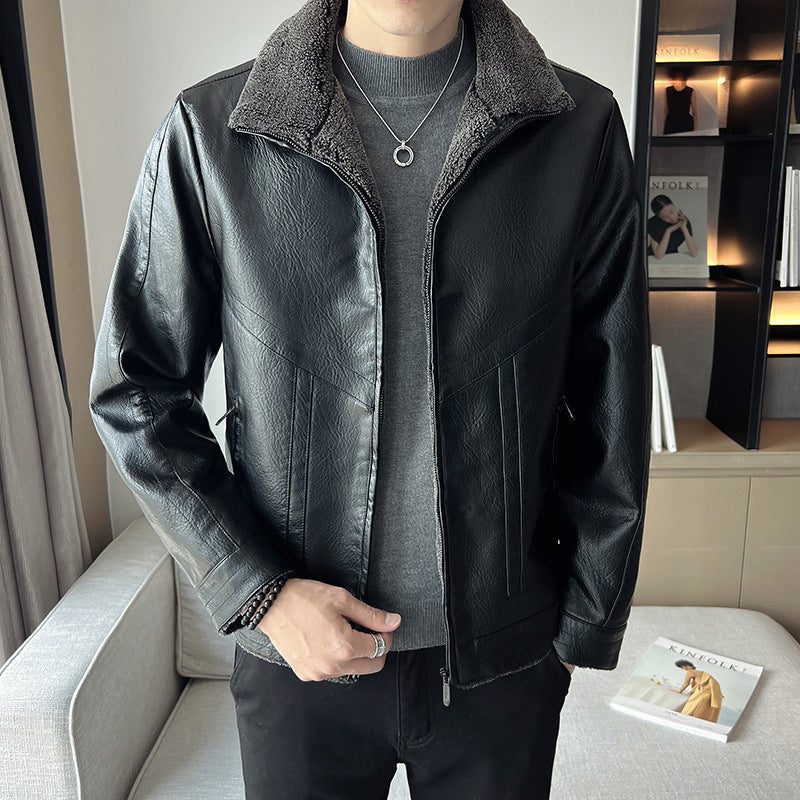 Hong Kong Style Velvet Padded Plus Size Men's Leather Jackets My Store