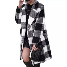 Women's Lapel Long Sleeve Non-buckle Plaid Long Coat My Store