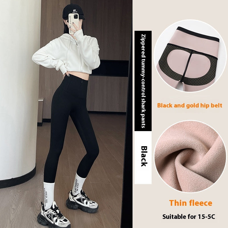 Belly-controlling Butt Lifting Leggings With Three-breasted Design Winter High Waist Slim Zippere Pants Warm Velvet And Thickened Trousers Women Clothing My Store