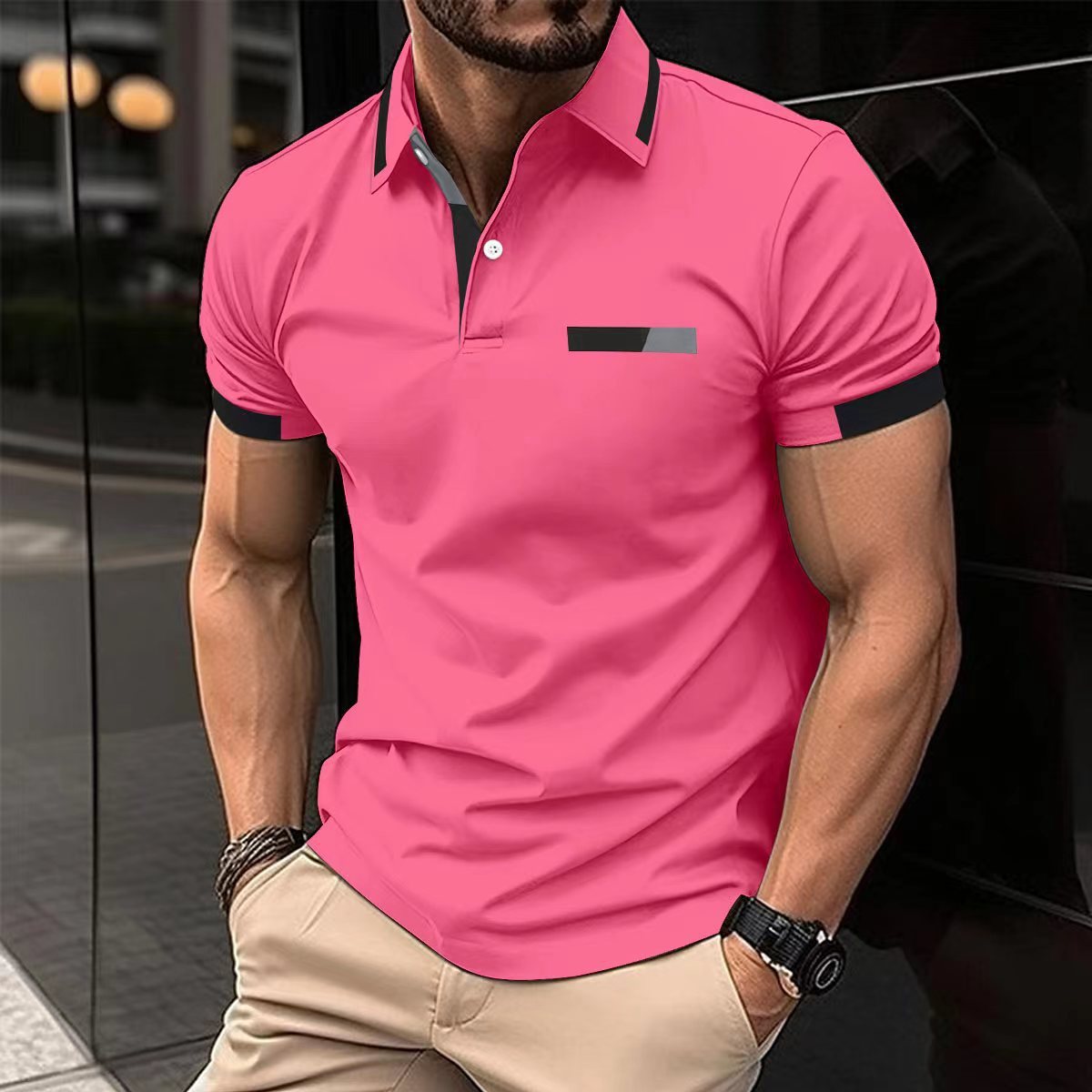 Men's Casual Polo Shirt Chest Faux Pocket Lapel Button Business T-shirt My Store