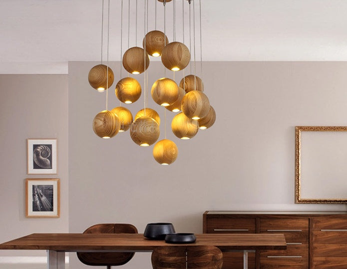 Nordic wood solid wood ball chandelier creative personality living room dining room hanging lamps My Store