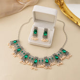 Vintage Emerald Earrings Ethnic Style Square Tassel Bead Pendant Jewelry Suit My Store