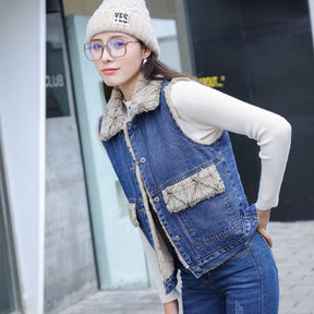 Women's Casual Plaid Plush Denim Cotton Vest My Store