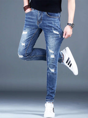 Ripped Fleece Padded Jeans Men's Stretch Casual Slim-fit Pants My Store