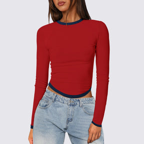 Women's Long-sleeved Round Neck Slim-fit Contrast Colors Short Pullover Top My Store