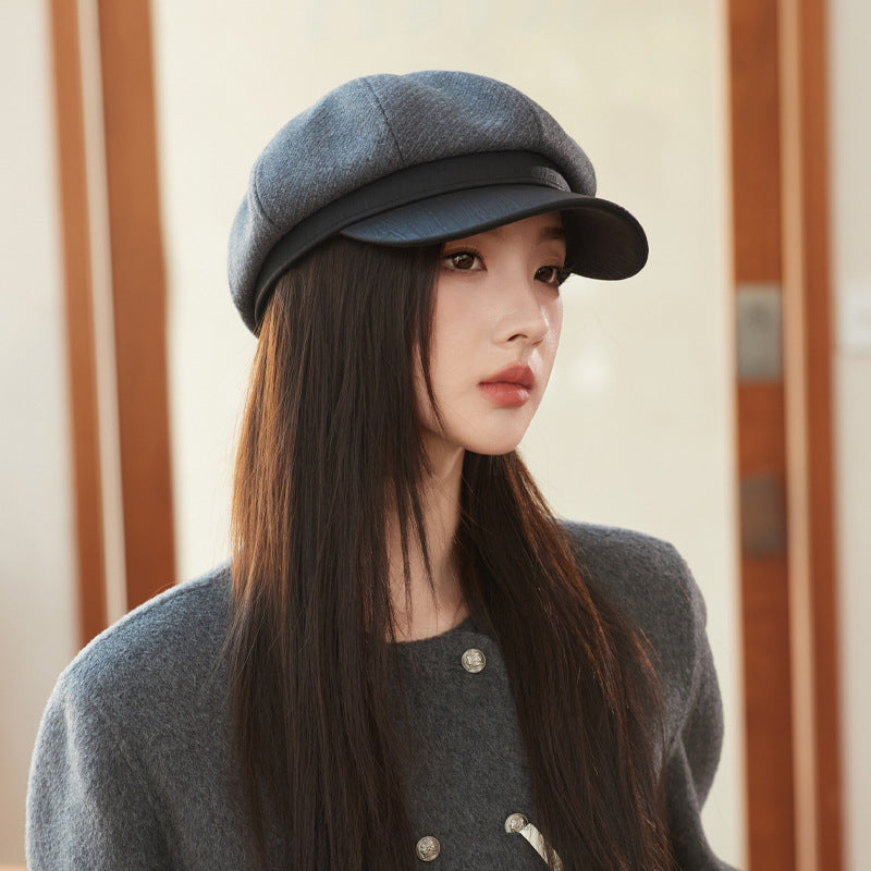 Korean Hat British Retro Leather Along Octagonal Cap My Store