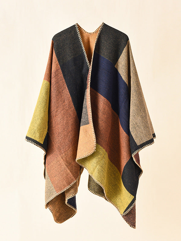 Double-sided Color Matching Plaid Cashmere-like Shawl Outer Match Cape Coat My Store